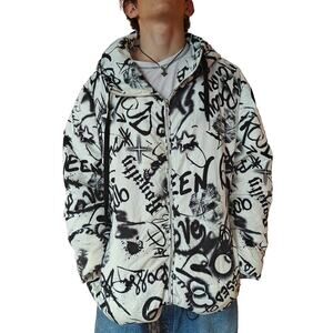 Fashion Nova Graffiti Print Puffer Jacket Hooded Zip Up Black White